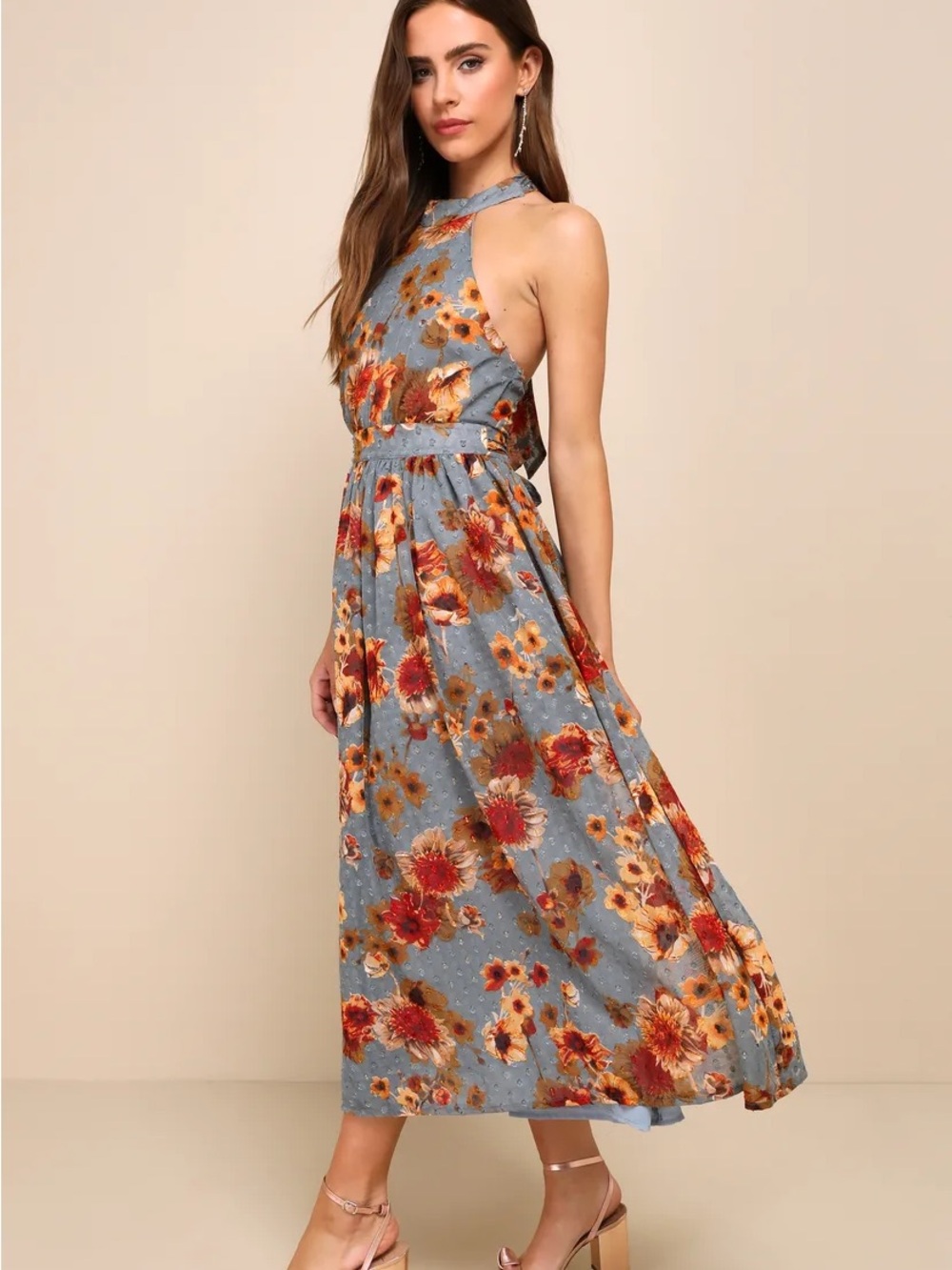Lulus Charming Vision Floral Swiss Dot Lurez Halter Midi Dress Sz S Chiffon